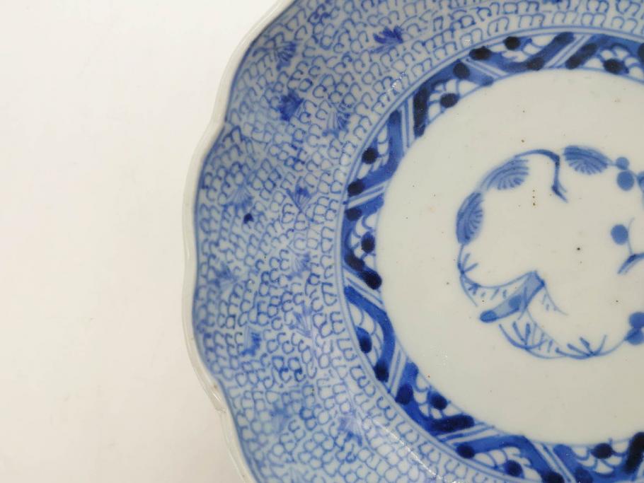 江戸後期　古伊万里　成化年製　微塵唐草文染付　約15cm　5寸　繊細な線描きが見事ななます皿5枚セット(みじんからくさ、中皿、和皿、和食器、五寸)(R-076810)