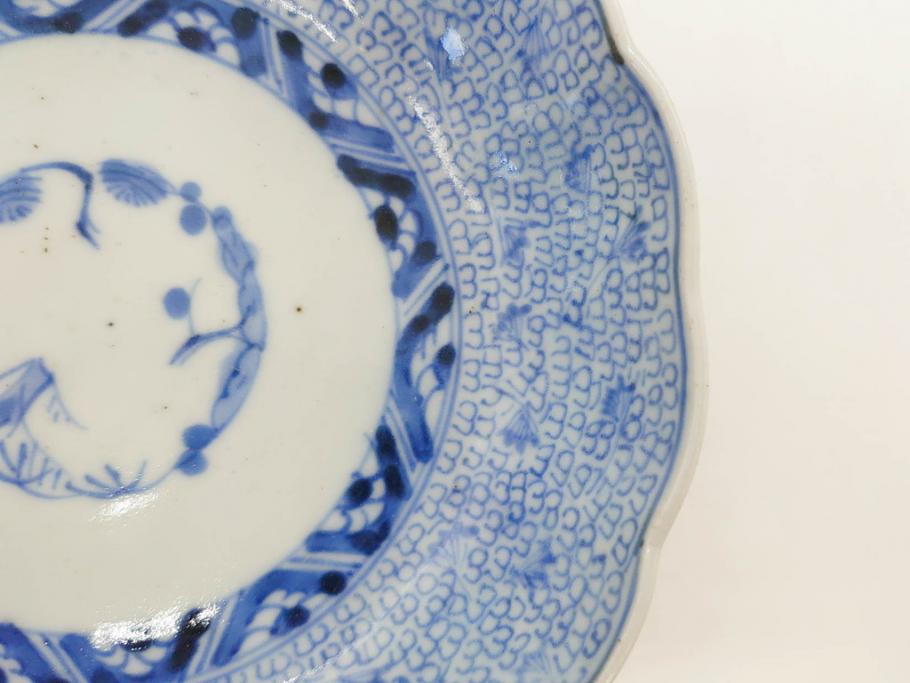江戸後期　古伊万里　成化年製　微塵唐草文染付　約15cm　5寸　繊細な線描きが見事ななます皿5枚セット(みじんからくさ、中皿、和皿、和食器、五寸)(R-076810)
