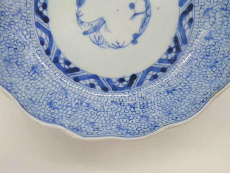江戸後期　古伊万里　成化年製　微塵唐草文染付　約15cm　5寸　繊細な線描きが見事ななます皿5枚セット(みじんからくさ、中皿、和皿、和食器、五寸)(R-076810)