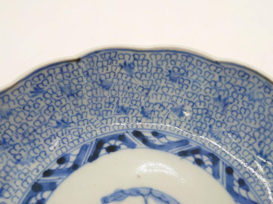 江戸後期　古伊万里　成化年製　微塵唐草文染付　約15cm　5寸　繊細な線描きが見事ななます皿5枚セット(みじんからくさ、中皿、和皿、和食器、五寸)(R-076810)
