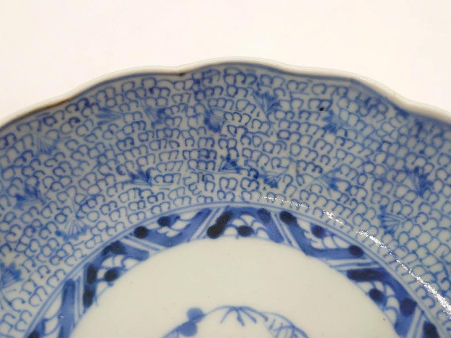 江戸後期　古伊万里　成化年製　微塵唐草文染付　約15cm　5寸　繊細な線描きが見事ななます皿5枚セット(みじんからくさ、中皿、和皿、和食器、五寸)(R-076810)