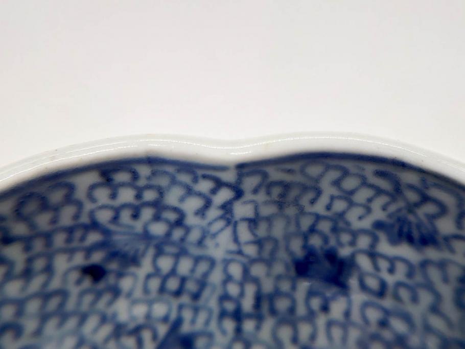 江戸後期　古伊万里　成化年製　微塵唐草文染付　約15cm　5寸　繊細な線描きが見事ななます皿5枚セット(みじんからくさ、中皿、和皿、和食器、五寸)(R-076810)