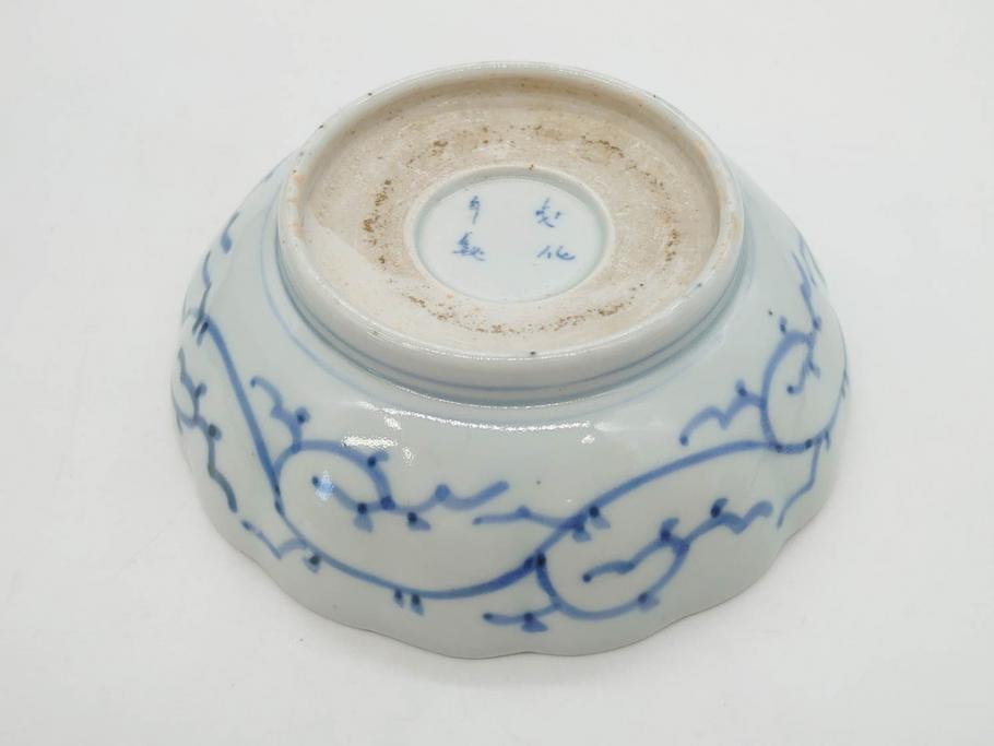 江戸後期　古伊万里　成化年製　微塵唐草文染付　約15cm　5寸　繊細な線描きが見事ななます皿5枚セット(みじんからくさ、中皿、和皿、和食器、五寸)(R-076810)