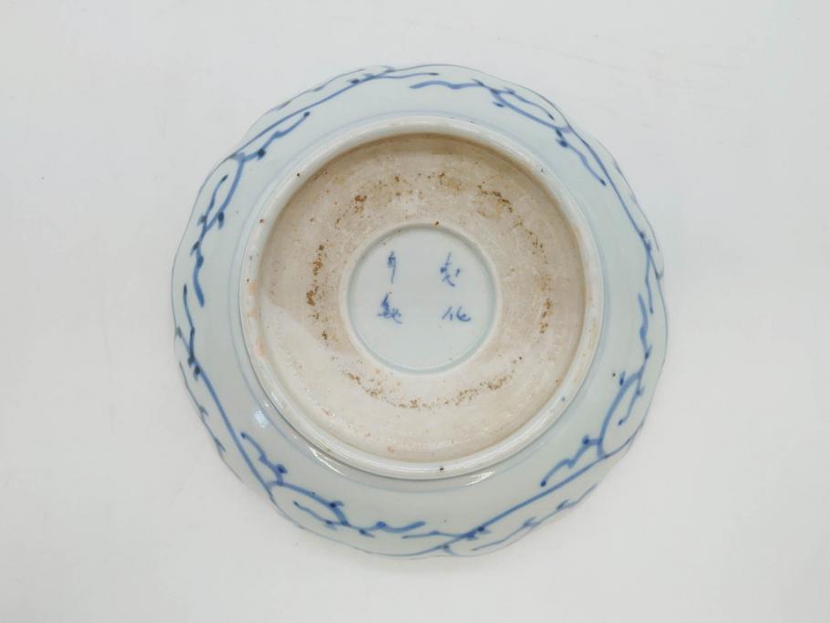 江戸後期　古伊万里　成化年製　微塵唐草文染付　約15cm　5寸　繊細な線描きが見事ななます皿5枚セット(みじんからくさ、中皿、和皿、和食器、五寸)(R-076810)