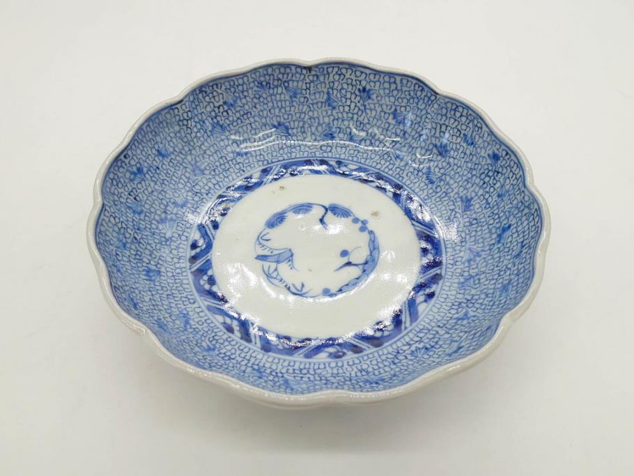 江戸後期　古伊万里　成化年製　微塵唐草文染付　約15cm　5寸　繊細な線描きが見事ななます皿5枚セット(みじんからくさ、中皿、和皿、和食器、五寸)(R-076810)