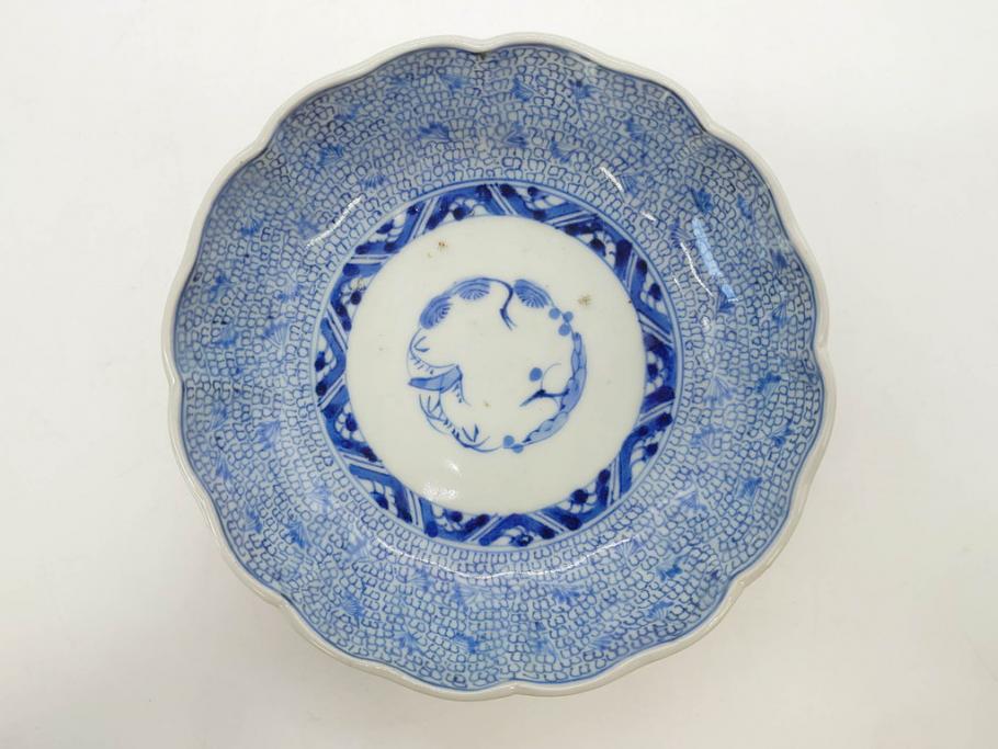 江戸後期　古伊万里　成化年製　微塵唐草文染付　約15cm　5寸　繊細な線描きが見事ななます皿5枚セット(みじんからくさ、中皿、和皿、和食器、五寸)(R-076810)