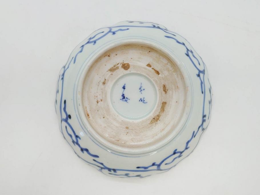 江戸後期　古伊万里　成化年製　微塵唐草文染付　約15cm　5寸　繊細な線描きが見事ななます皿5枚セット(みじんからくさ、中皿、和皿、和食器、五寸)(R-076810)