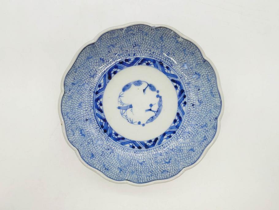 江戸後期　古伊万里　成化年製　微塵唐草文染付　約15cm　5寸　繊細な線描きが見事ななます皿5枚セット(みじんからくさ、中皿、和皿、和食器、五寸)(R-076810)