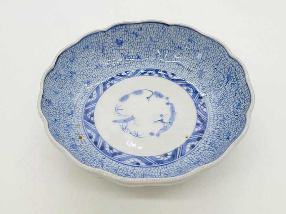 江戸後期　古伊万里　成化年製　微塵唐草文染付　約15cm　5寸　繊細な線描きが見事ななます皿5枚セット(みじんからくさ、中皿、和皿、和食器、五寸)(R-076810)