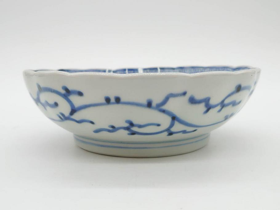 江戸後期　古伊万里　成化年製　微塵唐草文染付　約15cm　5寸　繊細な線描きが見事ななます皿5枚セット(みじんからくさ、中皿、和皿、和食器、五寸)(R-076810)