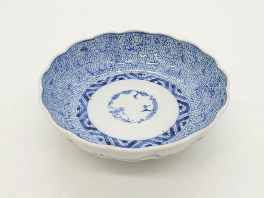 江戸後期　古伊万里　成化年製　微塵唐草文染付　約15cm　5寸　繊細な線描きが見事ななます皿5枚セット(みじんからくさ、中皿、和皿、和食器、五寸)(R-076810)