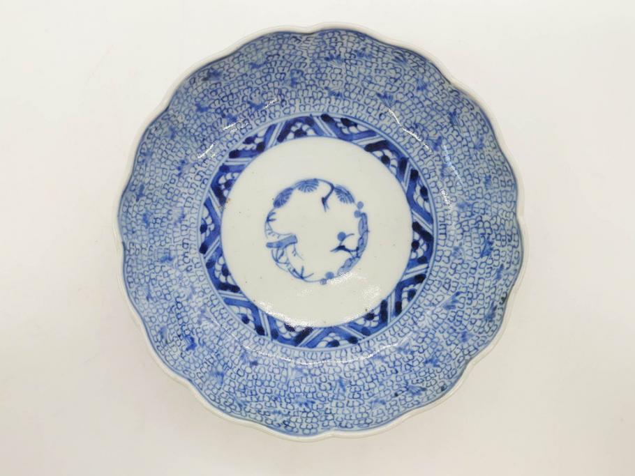 江戸後期　古伊万里　成化年製　微塵唐草文染付　約15cm　5寸　繊細な線描きが見事ななます皿5枚セット(みじんからくさ、中皿、和皿、和食器、五寸)(R-076810)