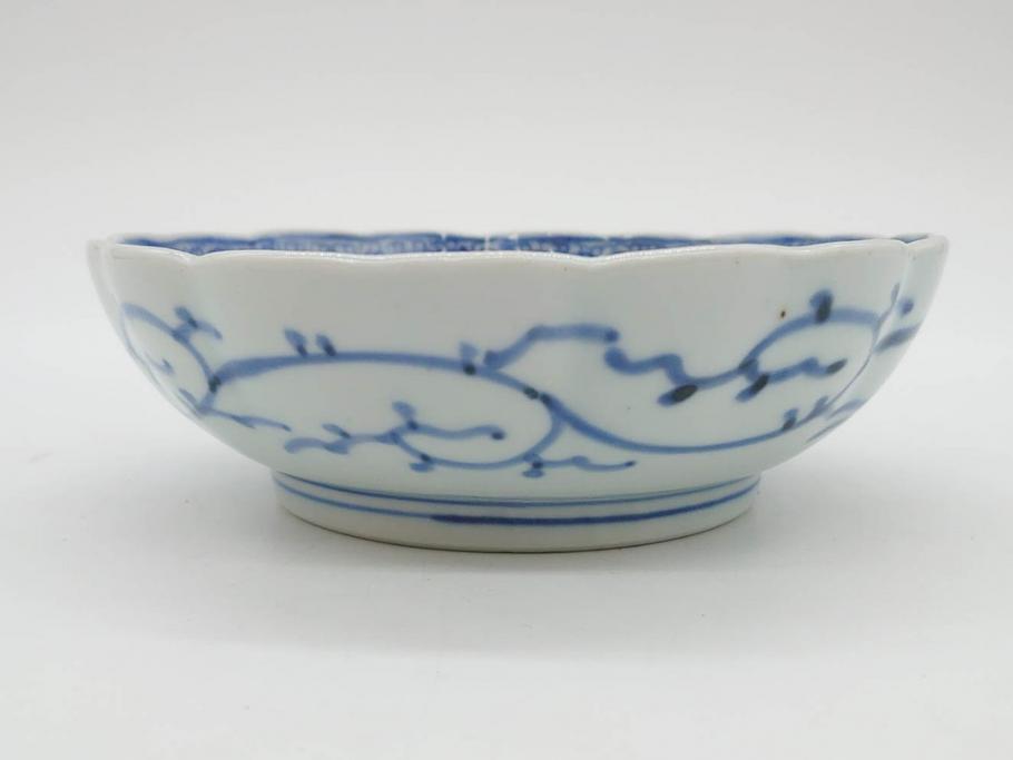 江戸後期　古伊万里　成化年製　微塵唐草文染付　約15cm　5寸　繊細な線描きが見事ななます皿5枚セット(みじんからくさ、中皿、和皿、和食器、五寸)(R-076810)
