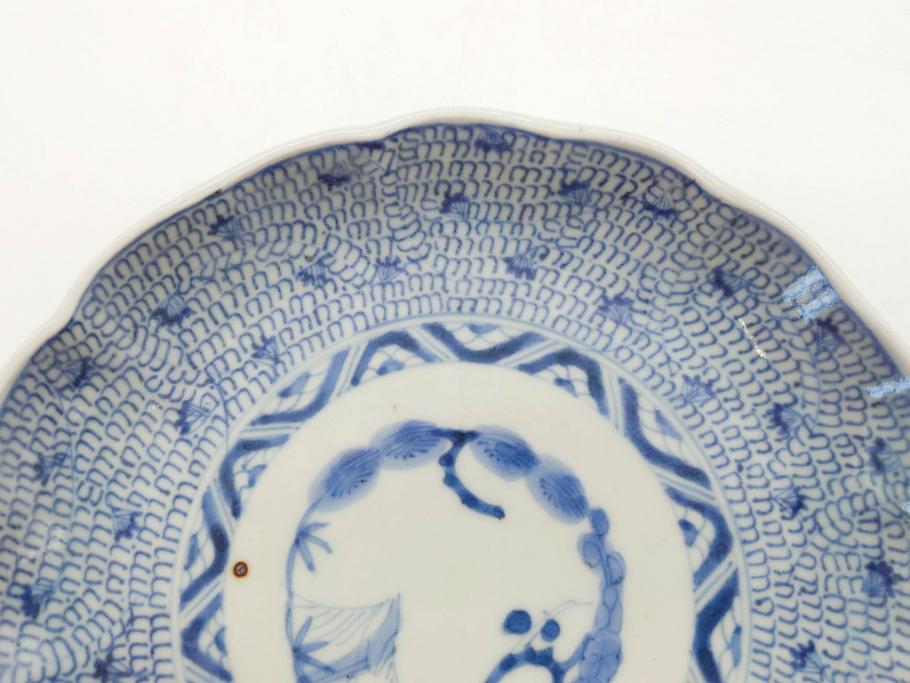 江戸後期　古伊万里　大明成化年製　微塵唐草文染付　約18cm　6寸　繊細な線描きが見事な中皿3枚セット(みじんからくさ、和皿、和食器、六寸)(R-076811)