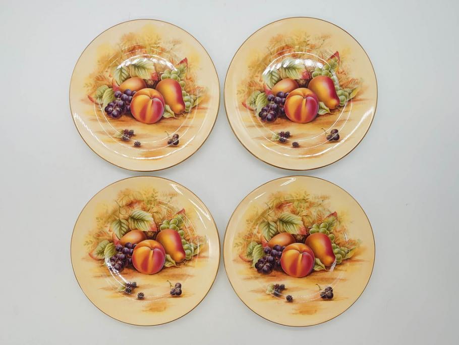イギリス　EYNSLEY(エインズレイ)　オーチャードゴールド　約21cm　食卓を彩る華やかなプレート4枚セット(スティル・ライフ・フルーツ、洋食器、英国)(R-076814)