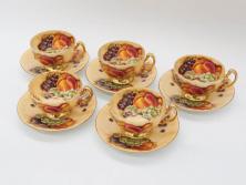 イギリス　EYNSLEY(エインズレイ)　オーチャードゴールド　食卓を彩る華やかなティーカップ&ソーサー5客セット(C&S、スティル・ライフ・フルーツ、洋食器、英国)(R-076816)