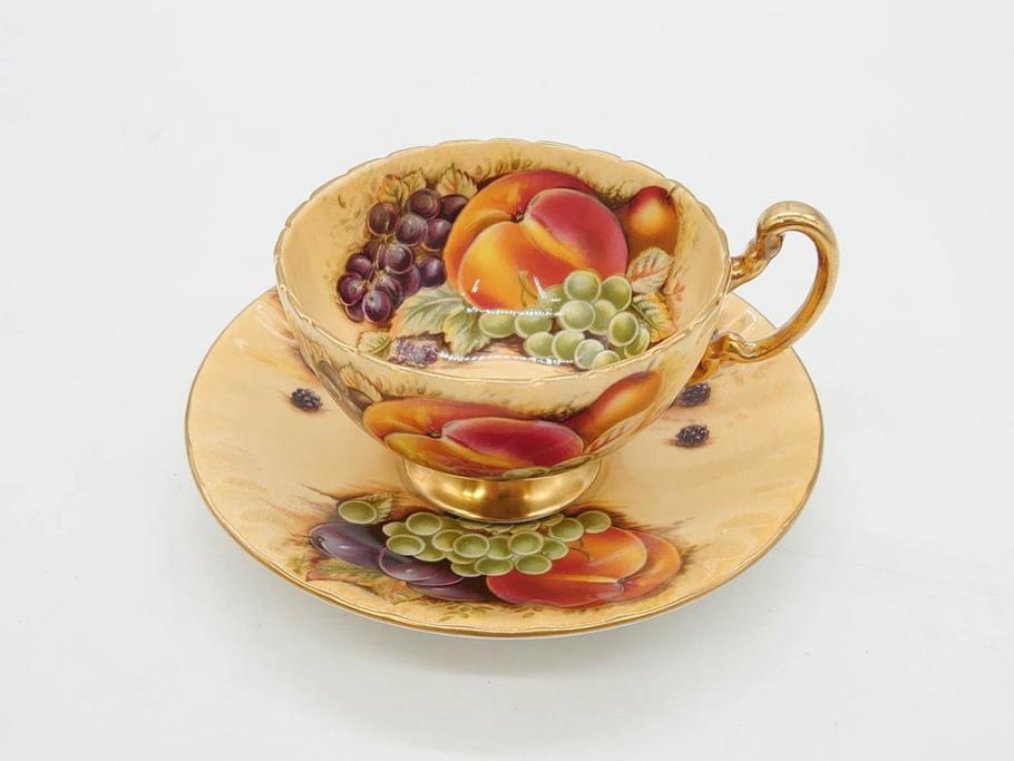 イギリス　EYNSLEY(エインズレイ)　オーチャードゴールド　食卓を彩る華やかなティーカップ&ソーサー5客セット(C&S、スティル・ライフ・フルーツ、洋食器、英国)(R-076816)