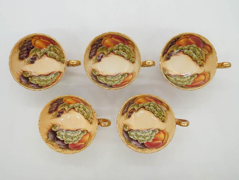 イギリス　EYNSLEY(エインズレイ)　オーチャードゴールド　食卓を彩る華やかなティーカップ&ソーサー5客セット(C&S、スティル・ライフ・フルーツ、洋食器、英国)(R-076816)