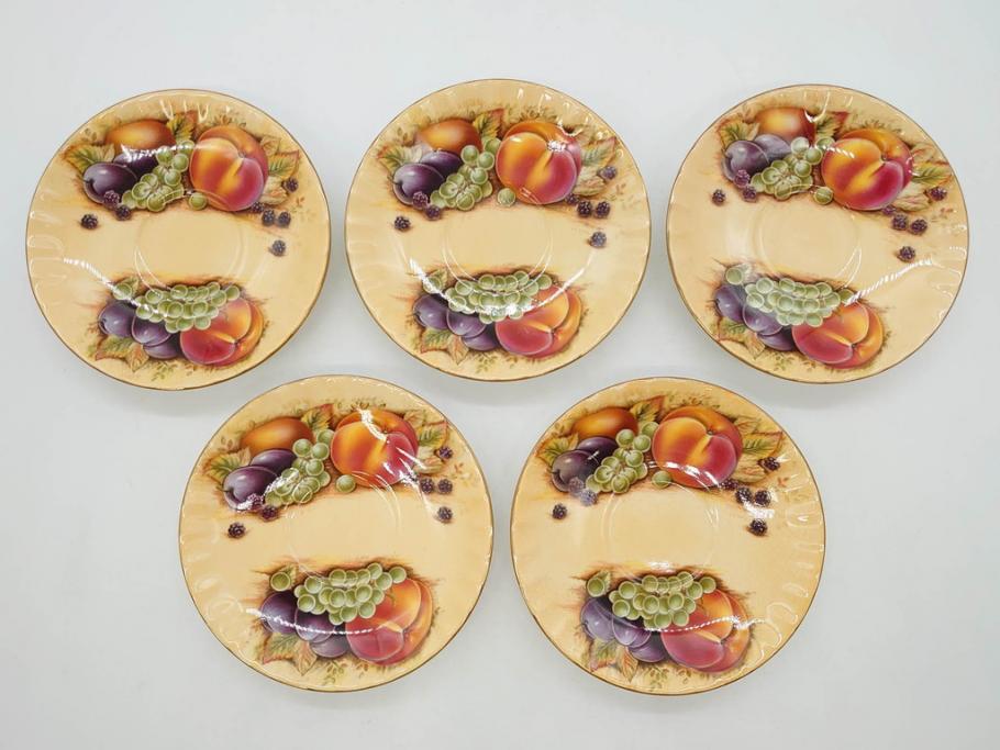 イギリス　EYNSLEY(エインズレイ)　オーチャードゴールド　食卓を彩る華やかなティーカップ&ソーサー5客セット(C&S、スティル・ライフ・フルーツ、洋食器、英国)(R-076816)