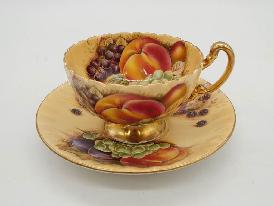 イギリス　EYNSLEY(エインズレイ)　オーチャードゴールド　食卓を彩る華やかなティーカップ&ソーサー5客セット(C&S、スティル・ライフ・フルーツ、洋食器、英国)(R-076816)
