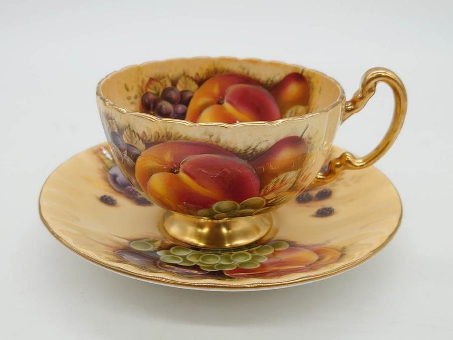 イギリス　EYNSLEY(エインズレイ)　オーチャードゴールド　食卓を彩る華やかなティーカップ&ソーサー5客セット(C&S、スティル・ライフ・フルーツ、洋食器、英国)(R-076816)