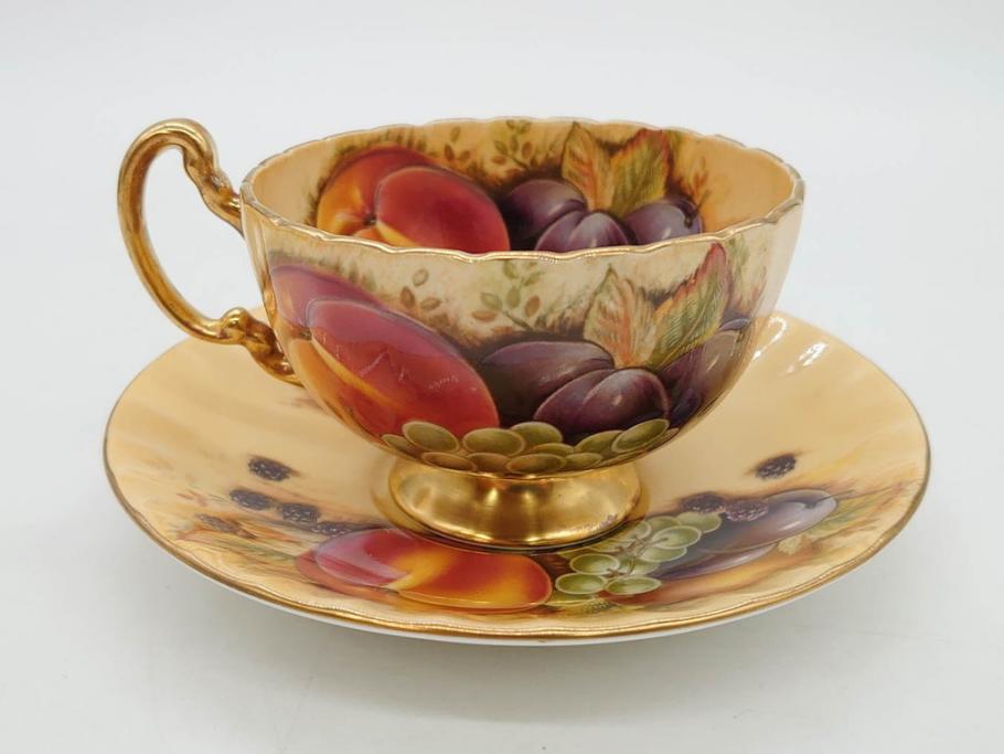 イギリス　EYNSLEY(エインズレイ)　オーチャードゴールド　食卓を彩る華やかなティーカップ&ソーサー5客セット(C&S、スティル・ライフ・フルーツ、洋食器、英国)(R-076816)