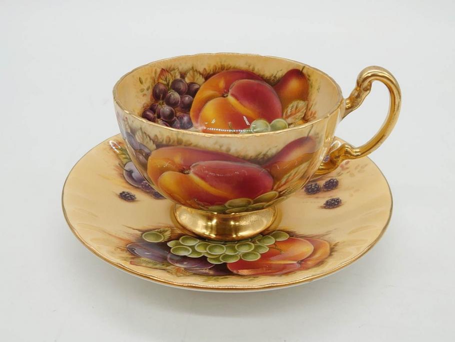 イギリス　EYNSLEY(エインズレイ)　オーチャードゴールド　食卓を彩る華やかなティーカップ&ソーサー5客セット(C&S、スティル・ライフ・フルーツ、洋食器、英国)(R-076816)