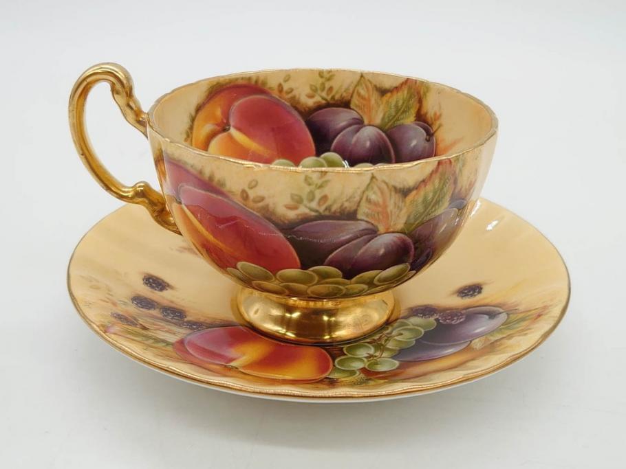 イギリス　EYNSLEY(エインズレイ)　オーチャードゴールド　食卓を彩る華やかなティーカップ&ソーサー5客セット(C&S、スティル・ライフ・フルーツ、洋食器、英国)(R-076816)