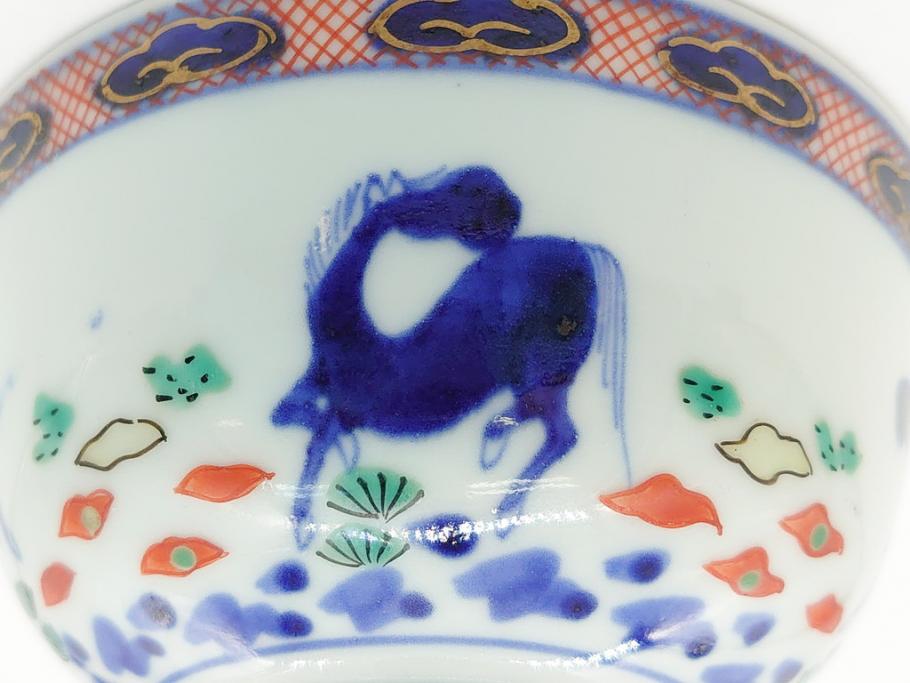 江戸期　萬暦年製　古伊万里　色絵　染付　稀少図柄　馬　3.8寸　約11.5cm　生き生きとした馬の絵付けが魅力の蓋付き茶碗2客セット(和食器、三寸八分)(R-062193)