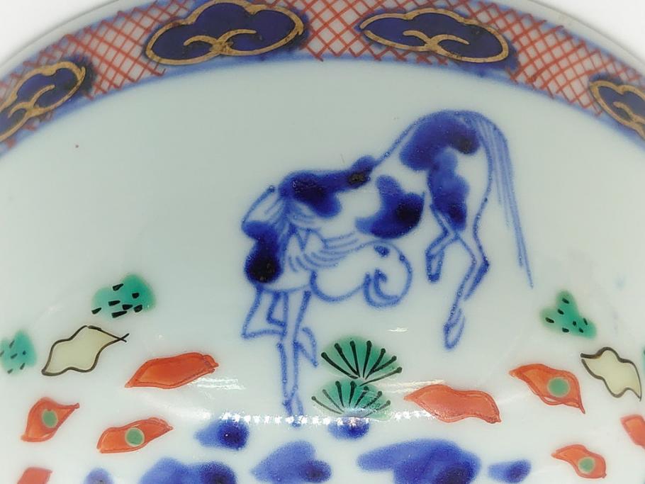 江戸期　萬暦年製　古伊万里　色絵　染付　稀少図柄　馬　3.8寸　約11.5cm　生き生きとした馬の絵付けが魅力の蓋付き茶碗2客セット(和食器、三寸八分)(R-062193)