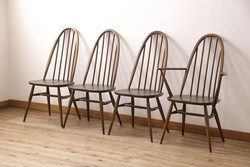 イギリスビンテージ　ERCOL(アーコール)　カントリースタイルにも合うクエーカーチェア4脚セット(椅子、板座チェア、ダイニングチェア、ヴィンテージ)(R-052275)