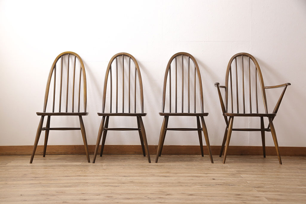 イギリスビンテージ　ERCOL(アーコール)　カントリースタイルにも合うクエーカーチェア4脚セット(椅子、板座チェア、ダイニングチェア、ヴィンテージ)(R-052275)