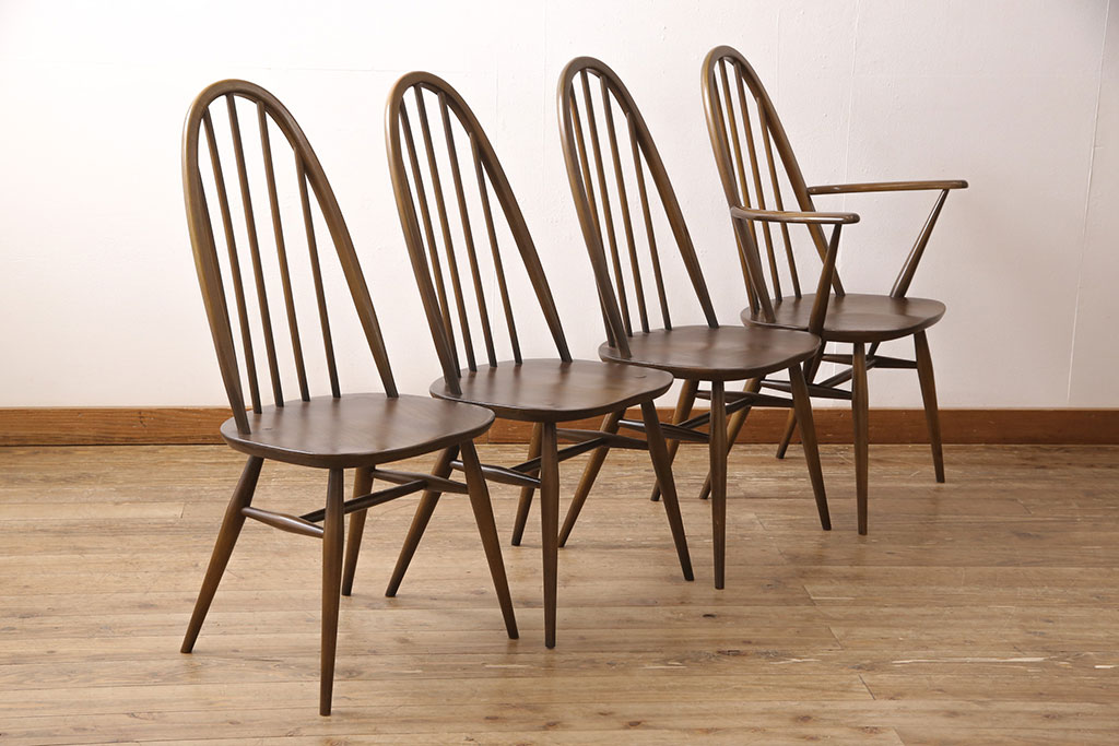 イギリスビンテージ　ERCOL(アーコール)　カントリースタイルにも合うクエーカーチェア4脚セット(椅子、板座チェア、ダイニングチェア、ヴィンテージ)(R-052275)