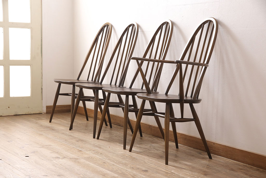 イギリスビンテージ　ERCOL(アーコール)　カントリースタイルにも合うクエーカーチェア4脚セット(椅子、板座チェア、ダイニングチェア、ヴィンテージ)(R-052275)