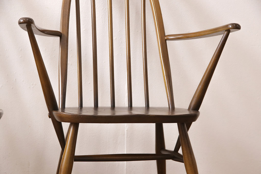 イギリスビンテージ　ERCOL(アーコール)　カントリースタイルにも合うクエーカーチェア4脚セット(椅子、板座チェア、ダイニングチェア、ヴィンテージ)(R-052275)