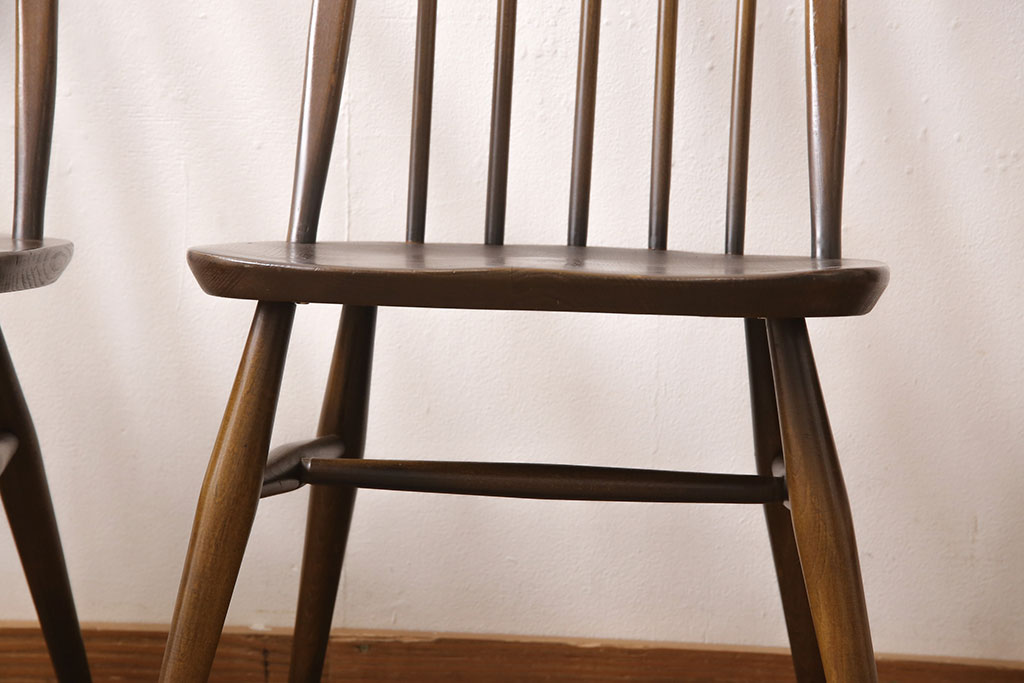 イギリスビンテージ　ERCOL(アーコール)　カントリースタイルにも合うクエーカーチェア4脚セット(椅子、板座チェア、ダイニングチェア、ヴィンテージ)(R-052275)