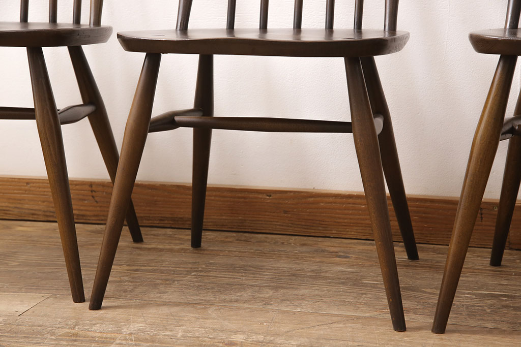 イギリスビンテージ　ERCOL(アーコール)　カントリースタイルにも合うクエーカーチェア4脚セット(椅子、板座チェア、ダイニングチェア、ヴィンテージ)(R-052275)