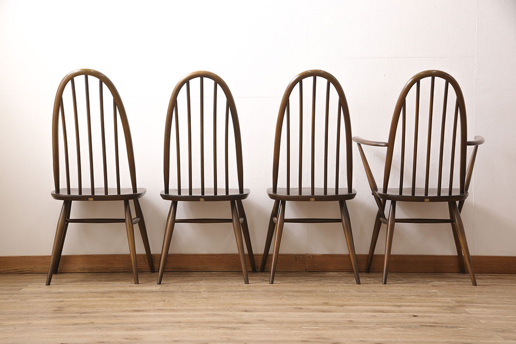 イギリスビンテージ　ERCOL(アーコール)　カントリースタイルにも合うクエーカーチェア4脚セット(椅子、板座チェア、ダイニングチェア、ヴィンテージ)(R-052275)
