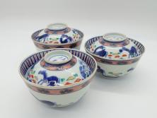 アンティーク雑貨　古民具・骨董　味のある絵柄の蓋茶碗3客セット(和食器)(R-037291)
