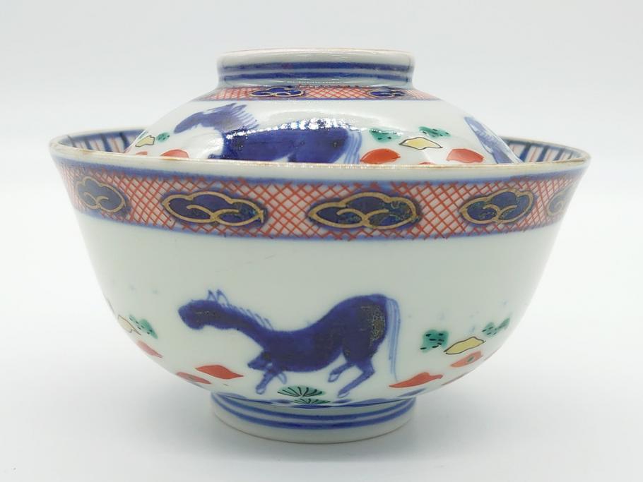 江戸期　萬暦年製　古伊万里　色絵　染付　稀少図柄　馬　3.8寸　約11.5cm　生き生きとした馬の絵付けが魅力の蓋付き茶碗3客セット(和食器、三寸八分)(R-062247)