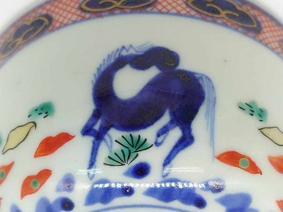 江戸期　萬暦年製　古伊万里　色絵　染付　稀少図柄　馬　3.8寸　約11.5cm　生き生きとした馬の絵付けが魅力の蓋付き茶碗3客セット(和食器、三寸八分)(R-062247)