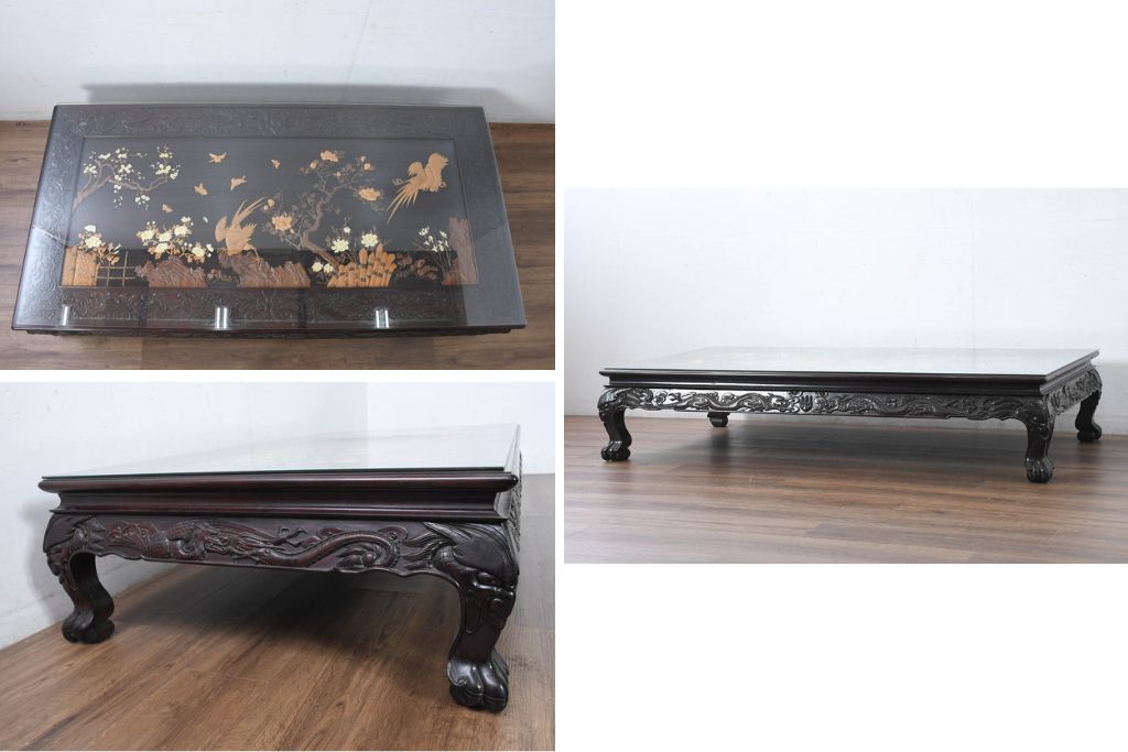 中古　超美品　民芸家具　総紫檀(シタン)彫刻　花鳥図と龍の総彫りが高級感たっぷりなガラス天板付き座卓(ローテーブル、センターテーブル、リビングテーブル)(R-083418)