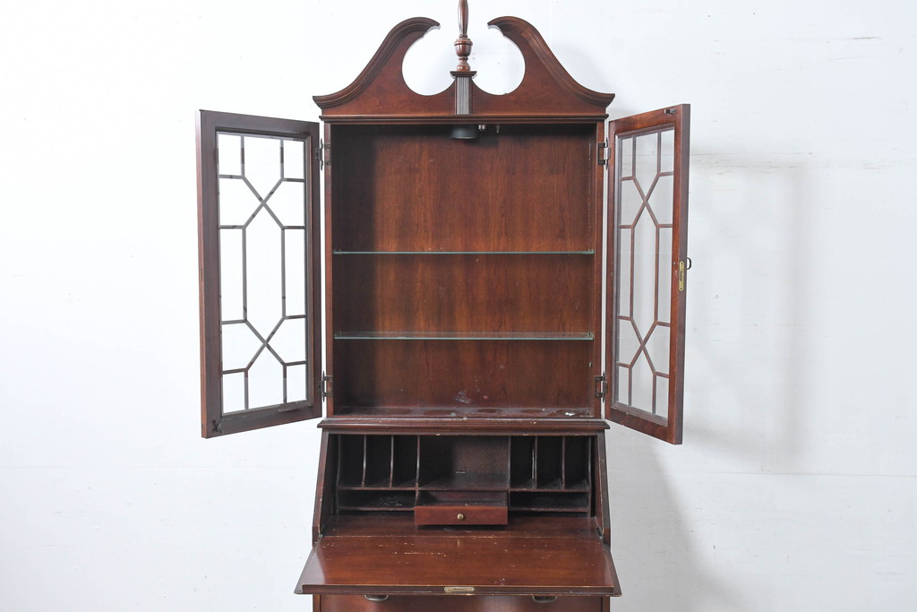 アメリカビンテージ　老舗工房　Jasper Cabinet(ジャスパーキャビネット)社　クラッシックデザインの小振りなビューローブックケース(ライディングビューロー、ライティングデスク、机、ワークデスク、本箱、本棚、飾り棚、収納棚、戸棚、引き出し、在宅用、在宅ワーク用、簿記机、ヴィンテージ)(R-083374)