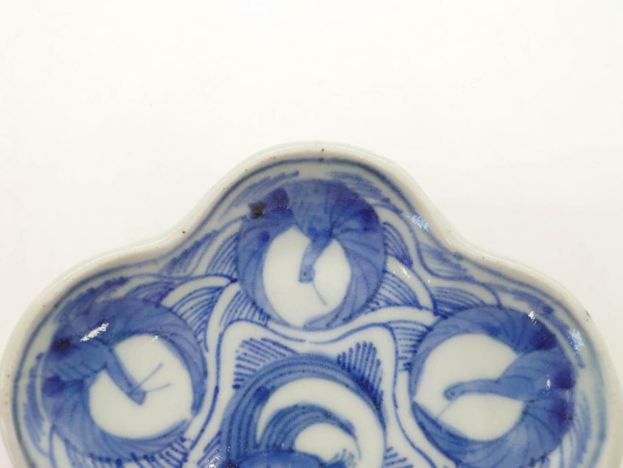江戸期　古伊万里　染付　鶴亀図　輪花皿　約11cm　3.6寸　縁起の良い図柄が描かれた変形皿4枚セット(小皿、豆皿、和皿、和食器、三寸六分)(R-076851)
