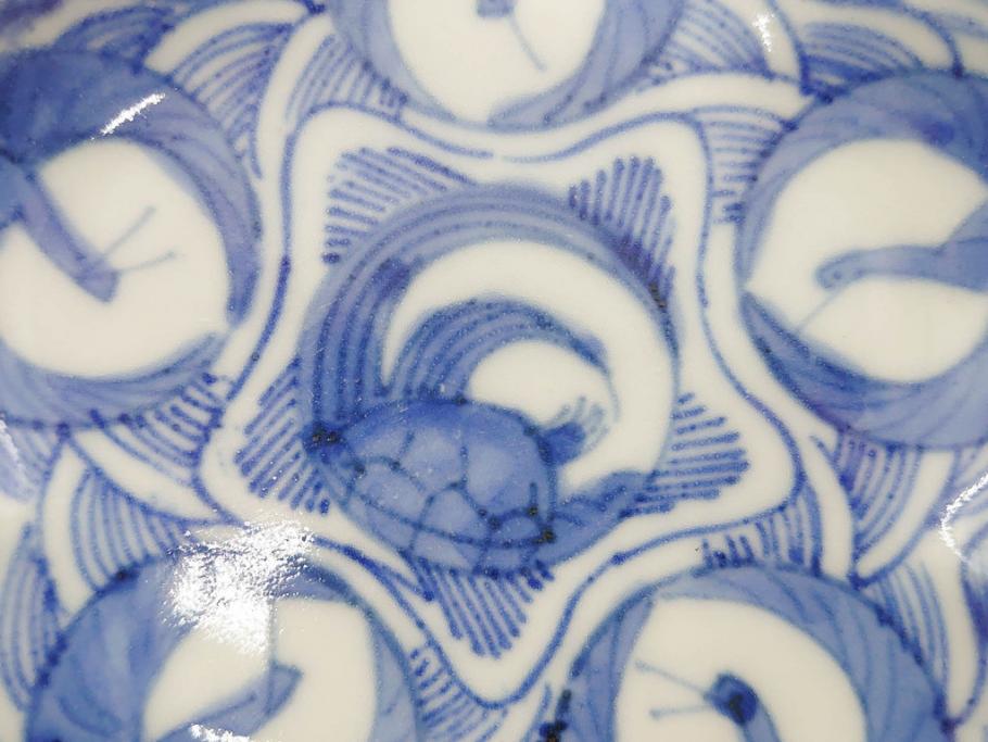江戸期　古伊万里　染付　鶴亀図　輪花皿　約11cm　3.6寸　縁起の良い図柄が描かれた変形皿4枚セット(小皿、豆皿、和皿、和食器、三寸六分)(R-076851)