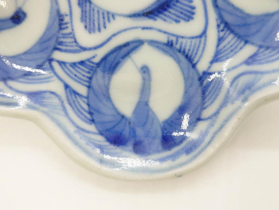 江戸期　古伊万里　染付　鶴亀図　輪花皿　約11cm　3.6寸　縁起の良い図柄が描かれた変形皿4枚セット(小皿、豆皿、和皿、和食器、三寸六分)(R-076851)