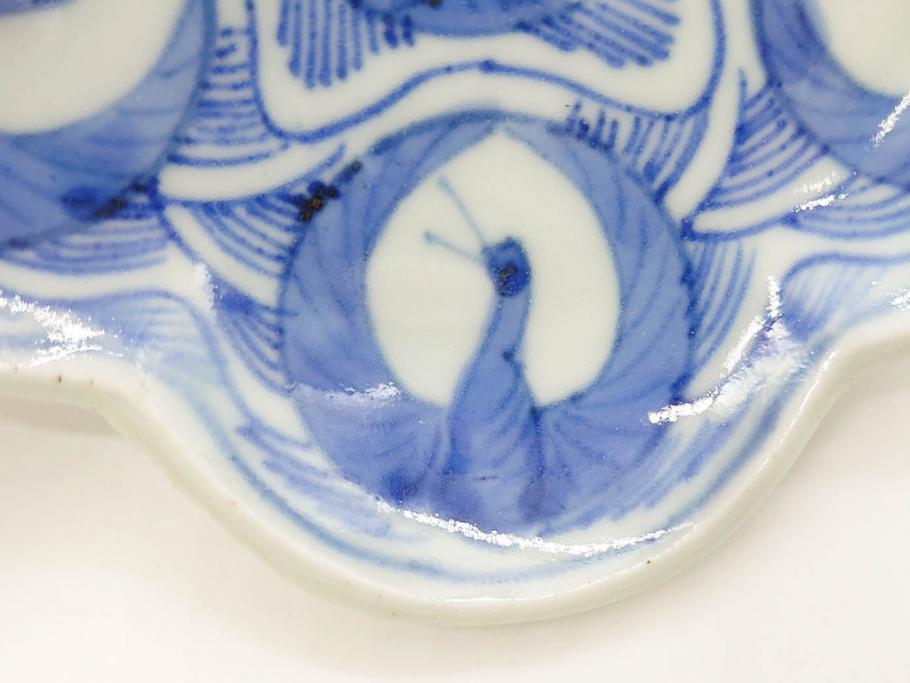 江戸期　古伊万里　染付　鶴亀図　輪花皿　約11cm　3.6寸　縁起の良い図柄が描かれた変形皿4枚セット(小皿、豆皿、和皿、和食器、三寸六分)(R-076851)