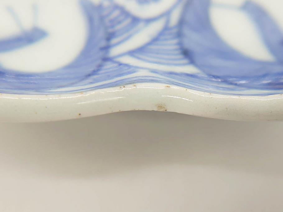 江戸期　古伊万里　染付　鶴亀図　輪花皿　約11cm　3.6寸　縁起の良い図柄が描かれた変形皿4枚セット(小皿、豆皿、和皿、和食器、三寸六分)(R-076851)