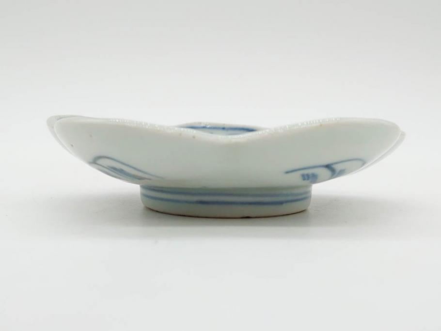 江戸期　古伊万里　染付　鶴亀図　輪花皿　約11cm　3.6寸　縁起の良い図柄が描かれた変形皿4枚セット(小皿、豆皿、和皿、和食器、三寸六分)(R-076851)