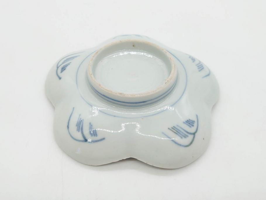 江戸期　古伊万里　染付　鶴亀図　輪花皿　約11cm　3.6寸　縁起の良い図柄が描かれた変形皿4枚セット(小皿、豆皿、和皿、和食器、三寸六分)(R-076851)